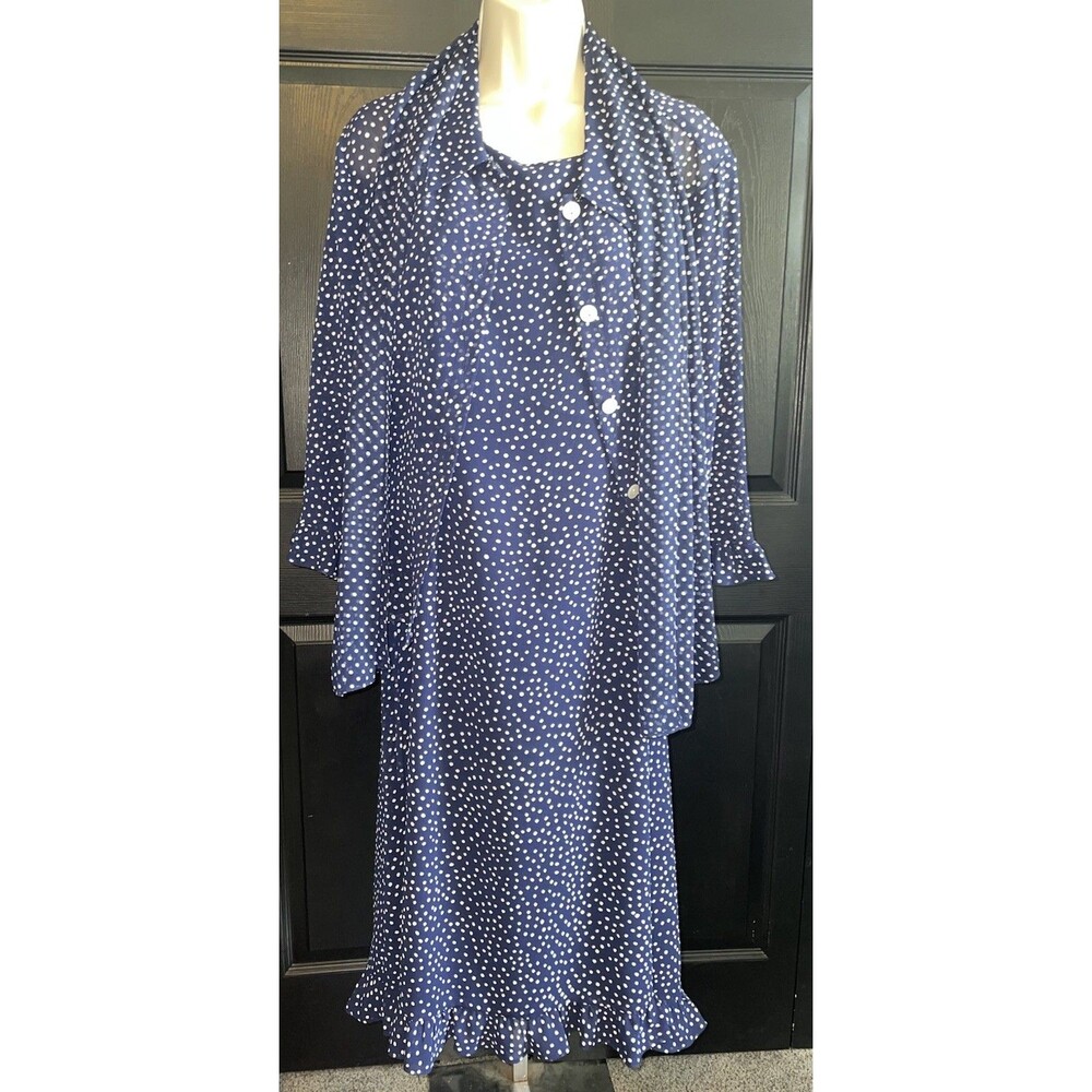 Appleseed’s Petites 16P Navy Polka Dot 3pc Set Dress Sheer Top Scarf Ruffle